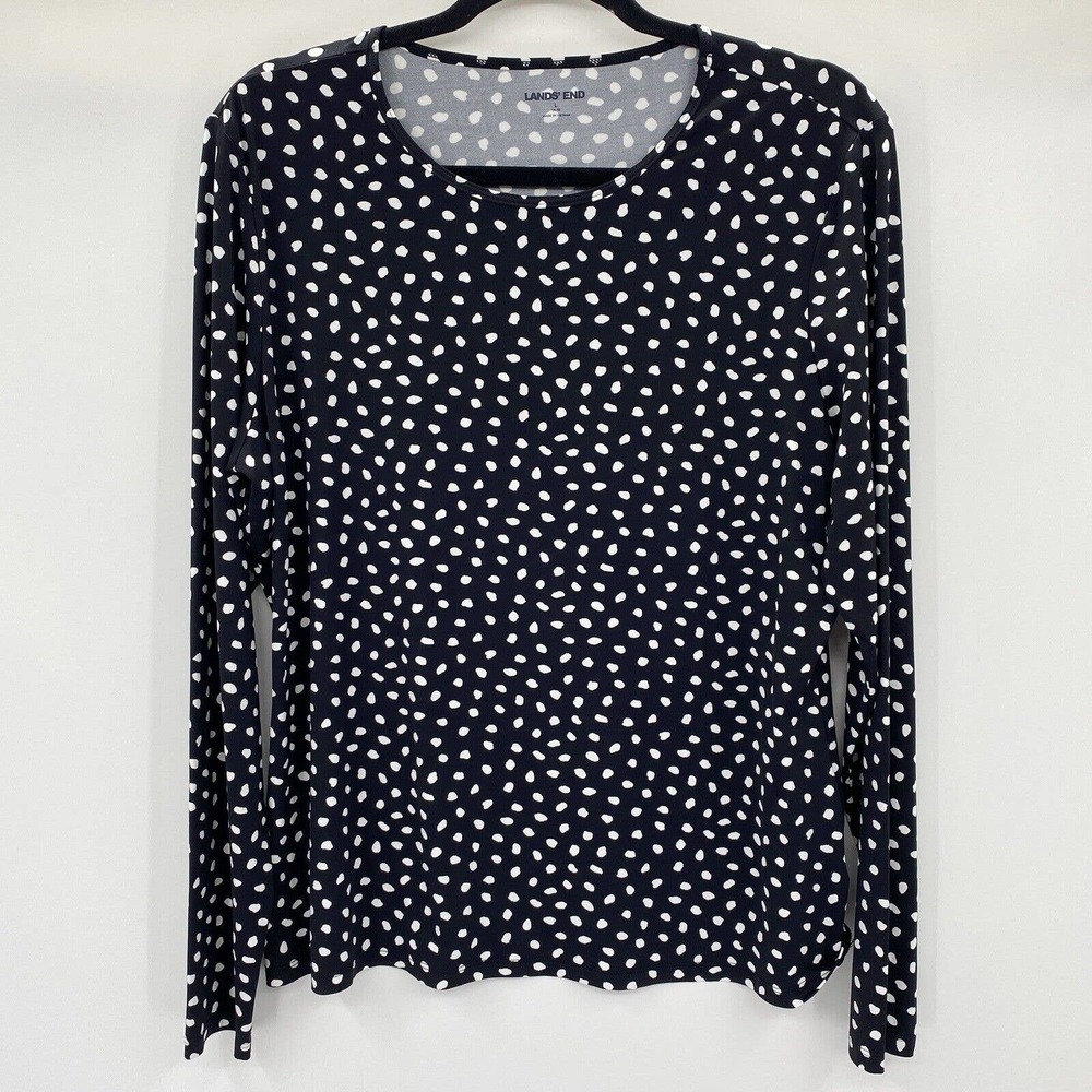 Lands' End Womens Rash Guard Size Large 12-14 Black White Polka Dot Long Sleeve